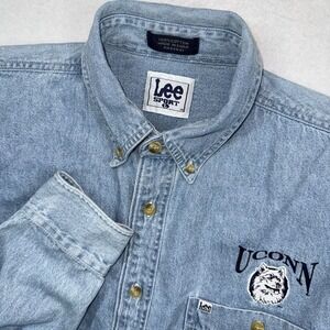Lee Sport Mens Large Denim Button Down Shirt UCONN Huskies Embroidered NCAA
